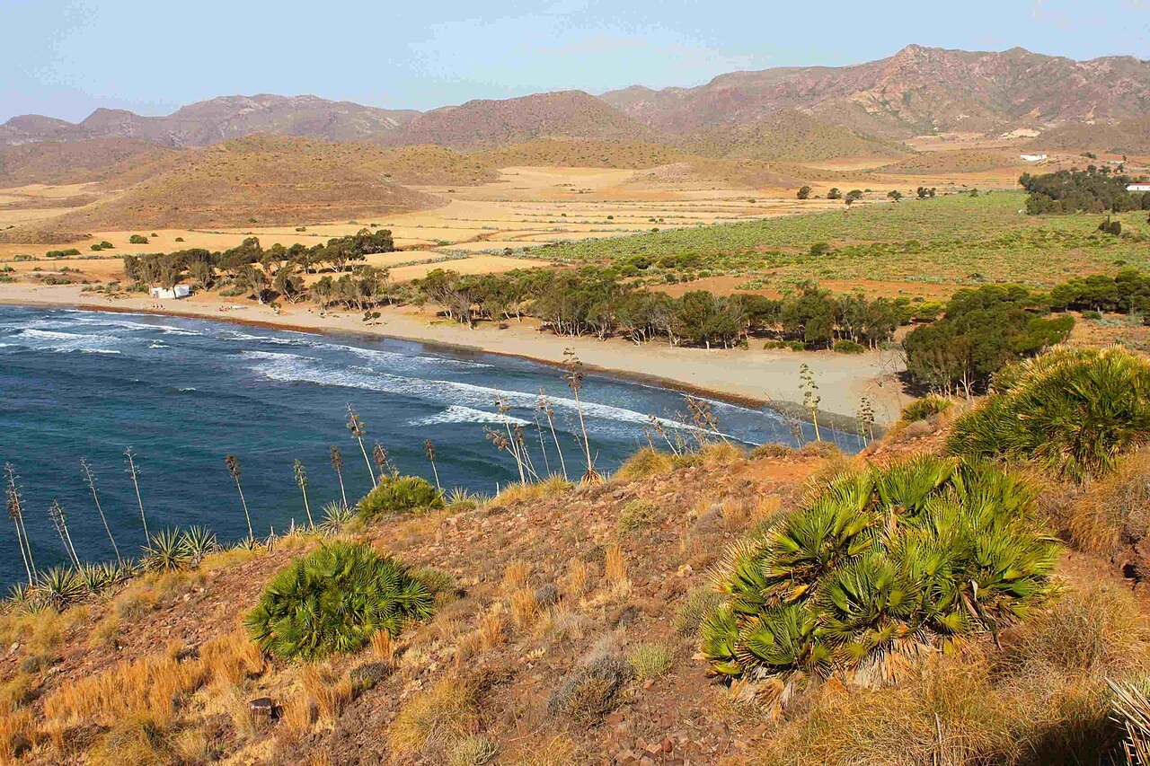 La ensenada de Los Genoveses vista desde el cerro, con la playa, el mar y la llanura detrás